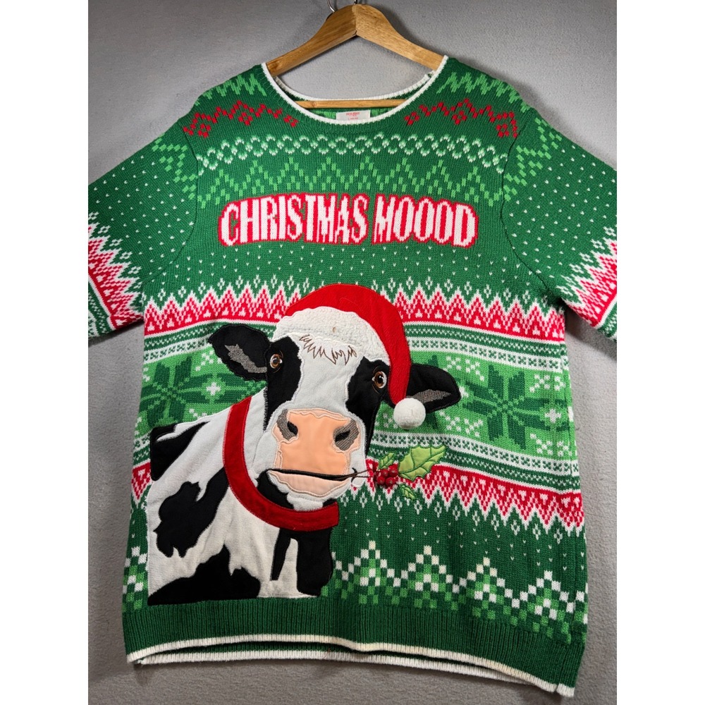 Holiday Time Christmas Moood Cow Ugly Sweater Green Fair Isle Mens Large L